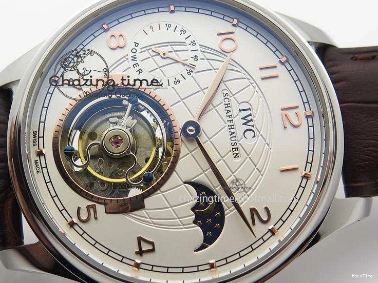 MIROTIME 0213 Chic Portuguese Tourbillon Power Reserve Moonphase SS White Dial Gold Numbers On Black Leather Strap 7319